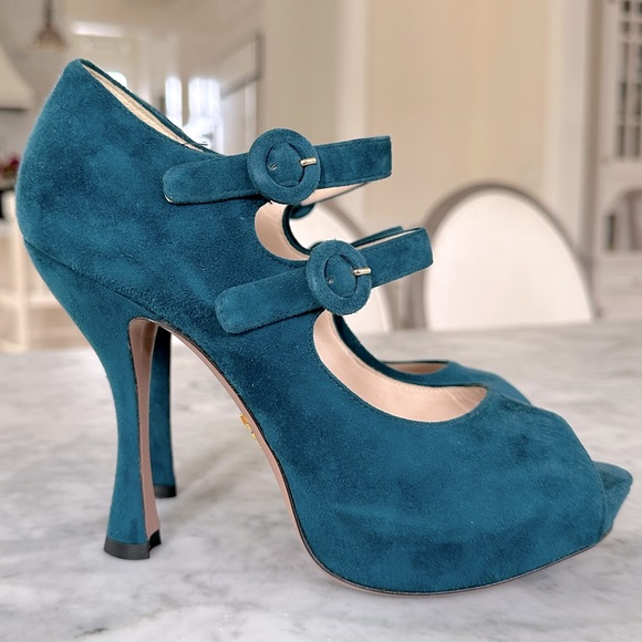 Prada suede teal double strap shoe 37 - Picture 11 of 14